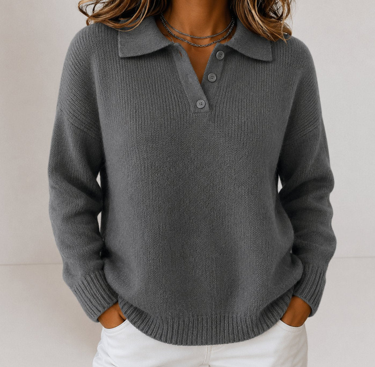 Women's relaxed-fit fine-knit sweater with polo collar and three-button placket by Homixa, shown flat with soft fabric details.