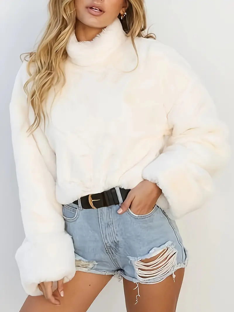 Women's fluffy sweater by Homixa featuring a high collar and voluminous sleeves, in a relaxed-fit style perfect for cozy wear.