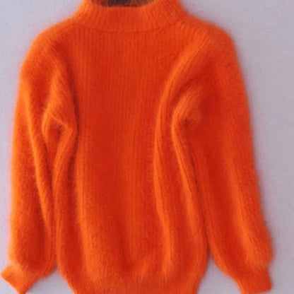 Women’s relaxed-fit fuzzy rib-knit turtleneck sweater with wide sleeves by Homixa, showcasing soft, fluffy knit fabric and cozy style.