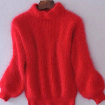 Women's fuzzy rib-knit turtleneck sweater with wide sleeves by Homixa, featuring a relaxed fit and soft, fluffy texture.