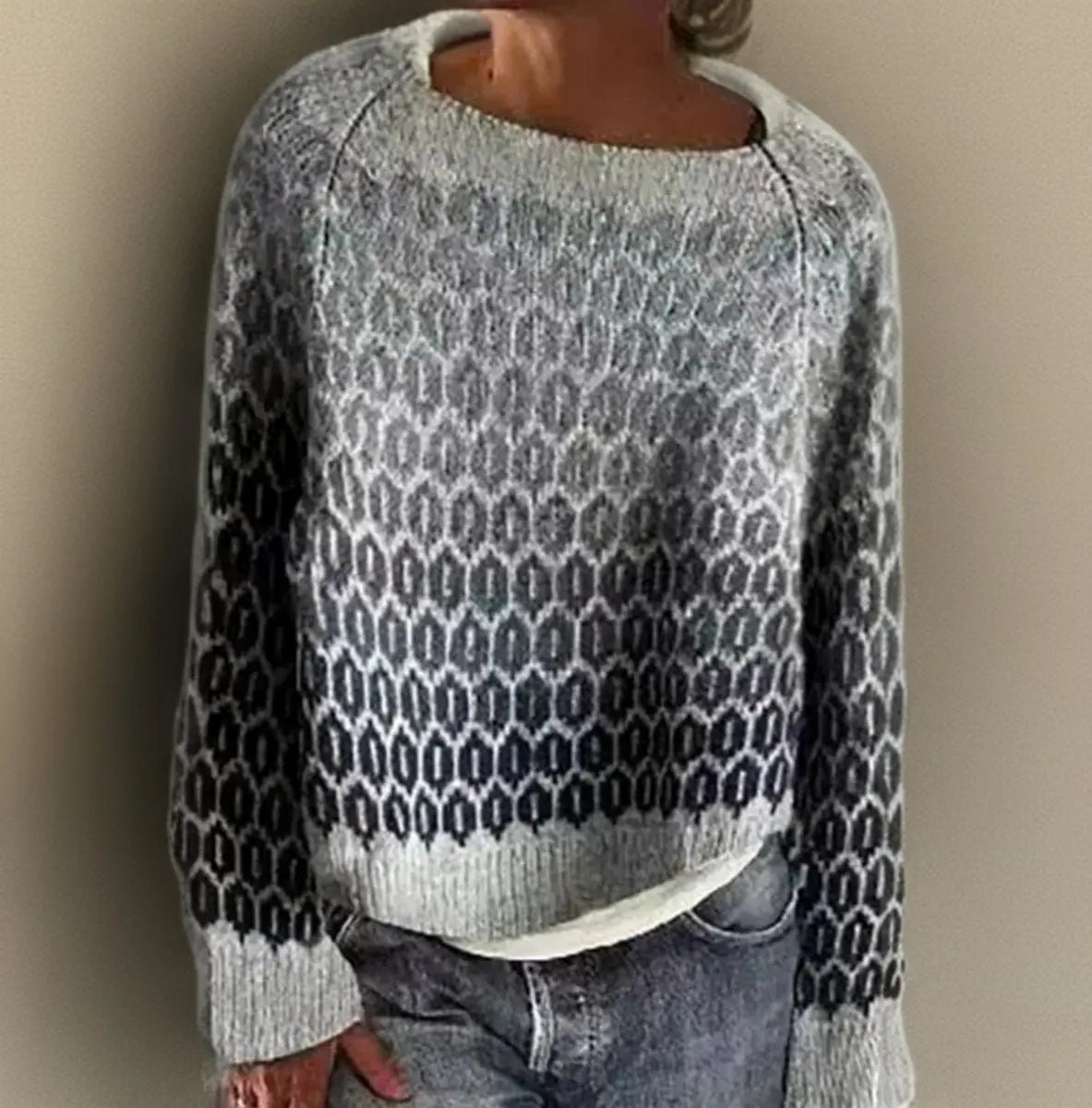 Women's relaxed-fit gradient Fair-Isle knit crew-neck sweater with long sleeves by Homixa, featuring colorful winter pattern.