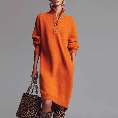 Homixa women's relaxed-fit high-neck midi sweater dress with pockets and button detail, stylish and comfortable for casual wear.
