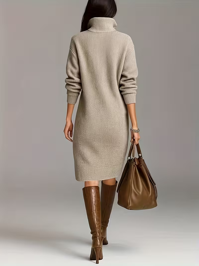 Women's relaxed-fit high-neck sweater midi dress by Homixa featuring pockets and button details, perfect for casual wear.