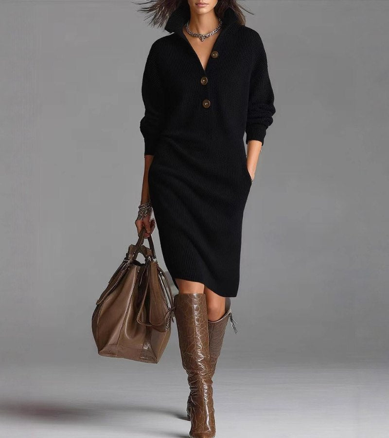 Homixa women's relaxed-fit high-neck midi sweater dress with pockets and button details, stylish and comfortable for casual wear