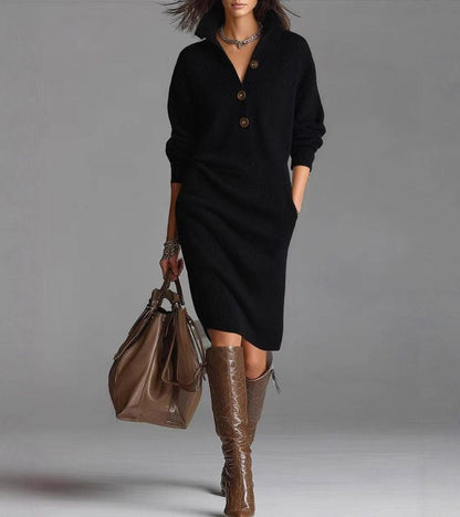 Homixa women's relaxed-fit high-neck midi sweater dress with pockets and button details, stylish and comfortable for casual wear