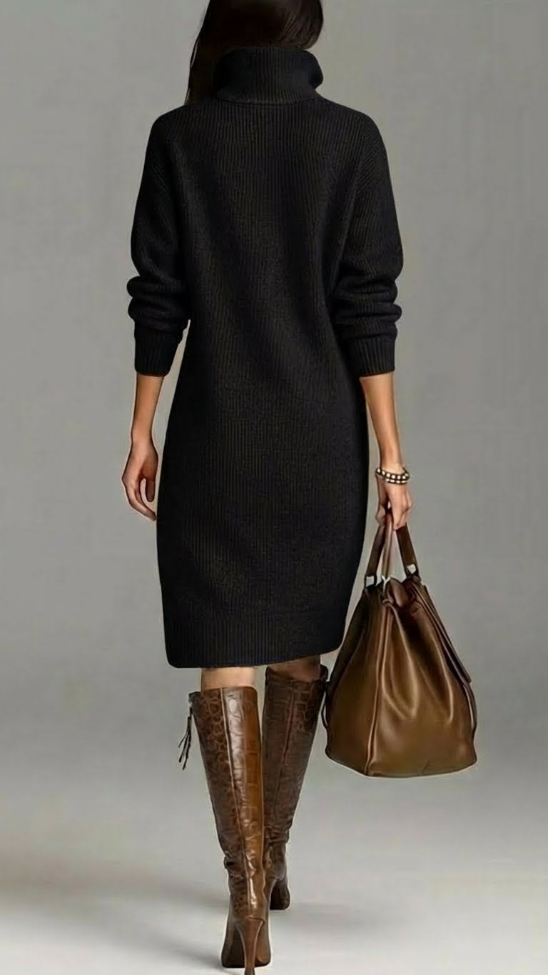 Homixa women's relaxed-fit high-neck sweater midi dress with pockets and button details, perfect for casual wear.