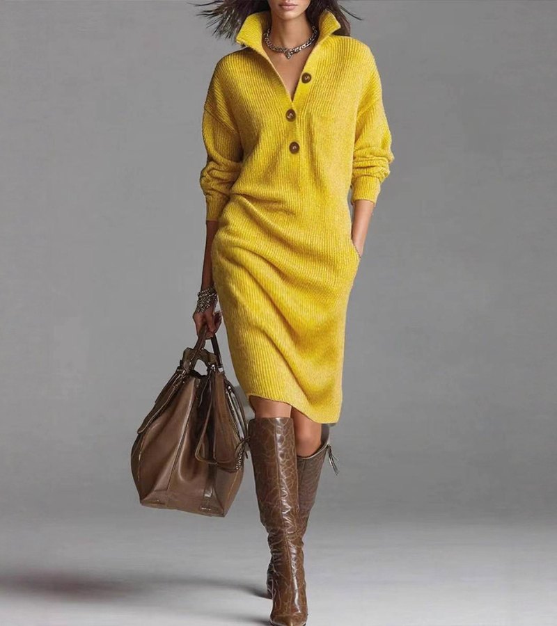 Women’s relaxed-fit high-neck sweater midi dress by Homixa with pockets and button details, perfect for casual comfort.