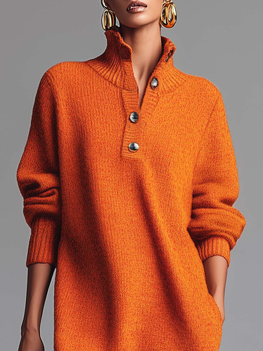 Homixa women's relaxed-fit high-neck sweater midi dress with pockets and button details, stylish and comfortable for casual wear.