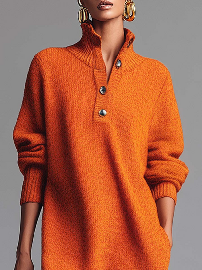 Homixa women's relaxed-fit high-neck sweater midi dress with pockets and button details, stylish and comfortable for casual wear.