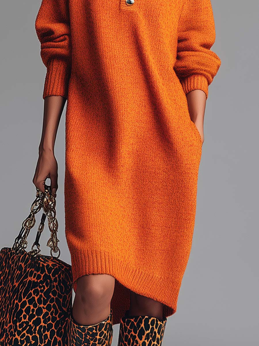 Homixa women's relaxed-fit high-neck midi dress with pockets and button details, ideal for casual and stylish wear.