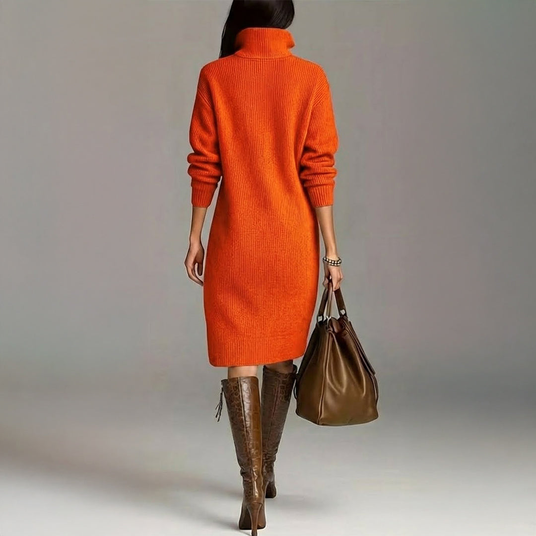 Homixa women's relaxed-fit high-neck midi dress with pockets and button details, perfect for casual and cozy wear.