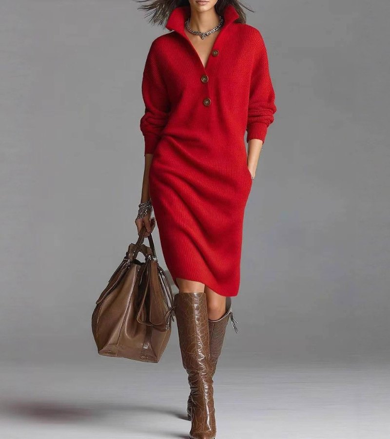 Homixa women's relaxed-fit high-neck midi sweater dress with pockets and button details, stylish and comfortable for casual wear.