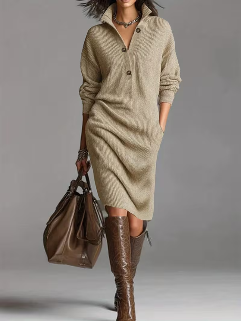 Homixa women's relaxed-fit high-neck midi sweater dress with pockets and button details, stylish and comfortable for everyday wear.