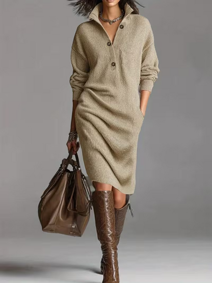 Homixa women's relaxed-fit high-neck midi sweater dress with pockets and button details, stylish and comfortable for everyday wear.