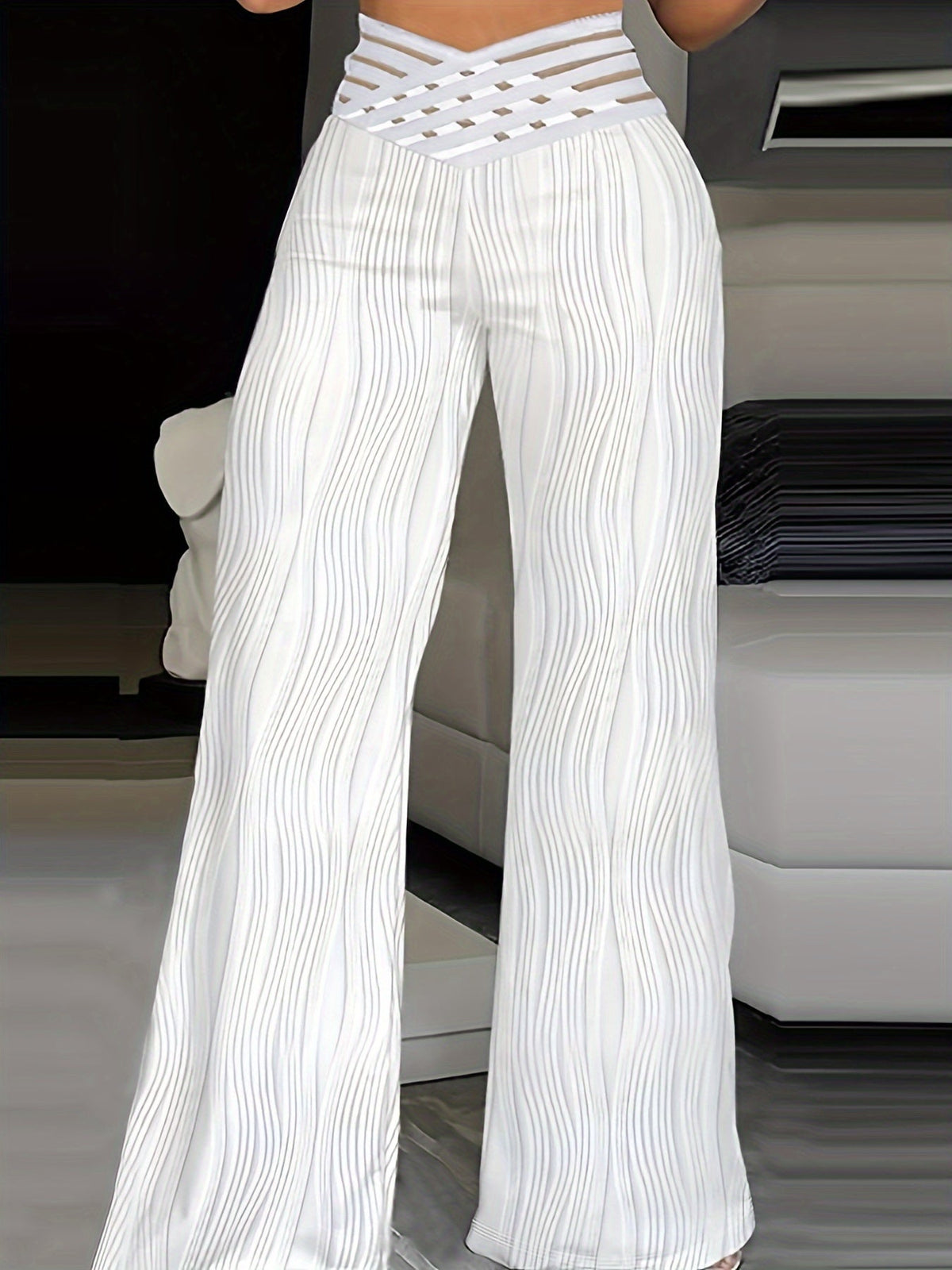 Women’s relaxed-fit high-waisted wide-leg chinos with crossover waistband, stylish and comfortable Homixa trousers.