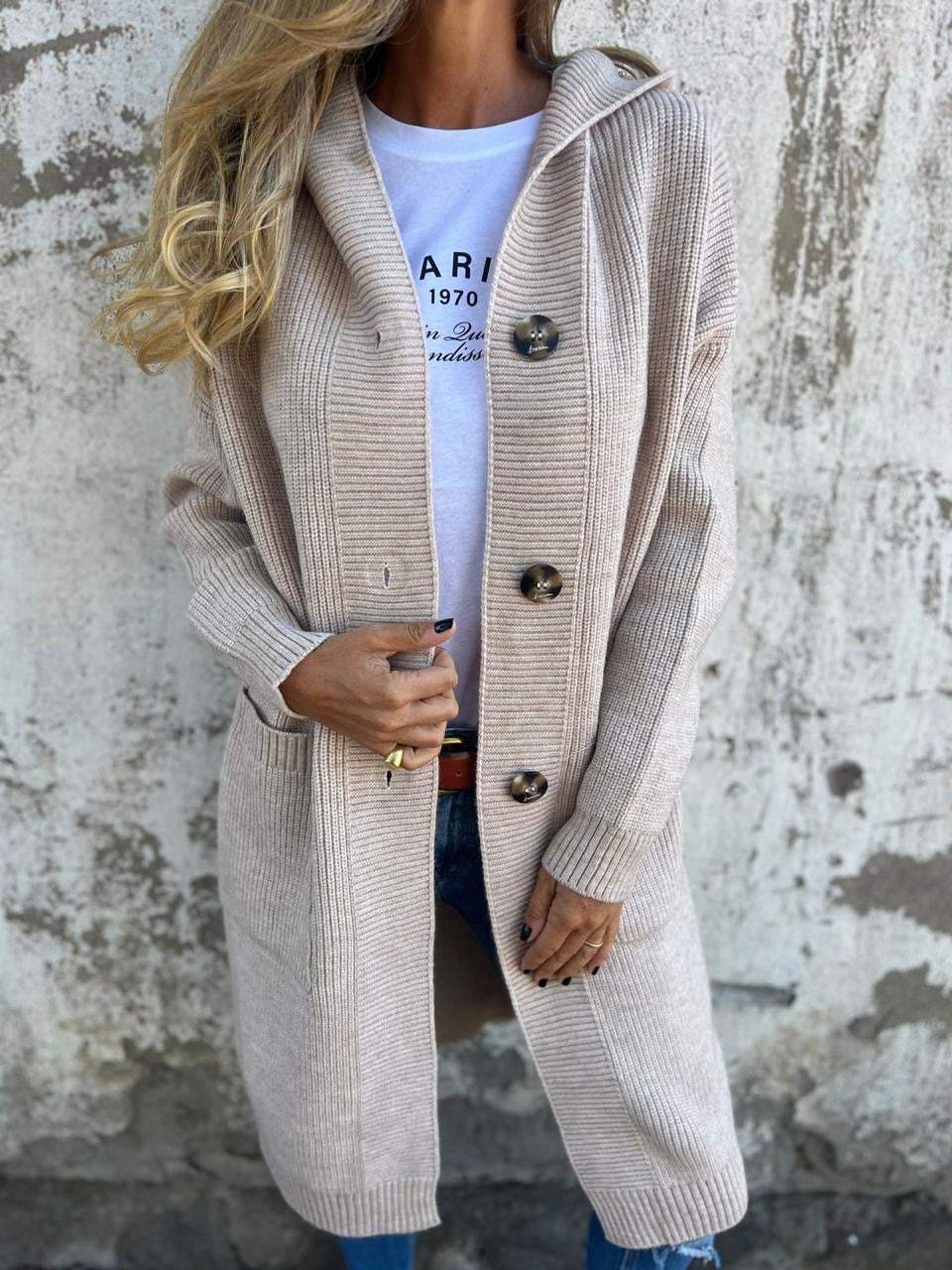 Women's relaxed-fit hooded longline cardigan with button front and patch pockets, by Homixa. Gray knit, casual and comfortable.