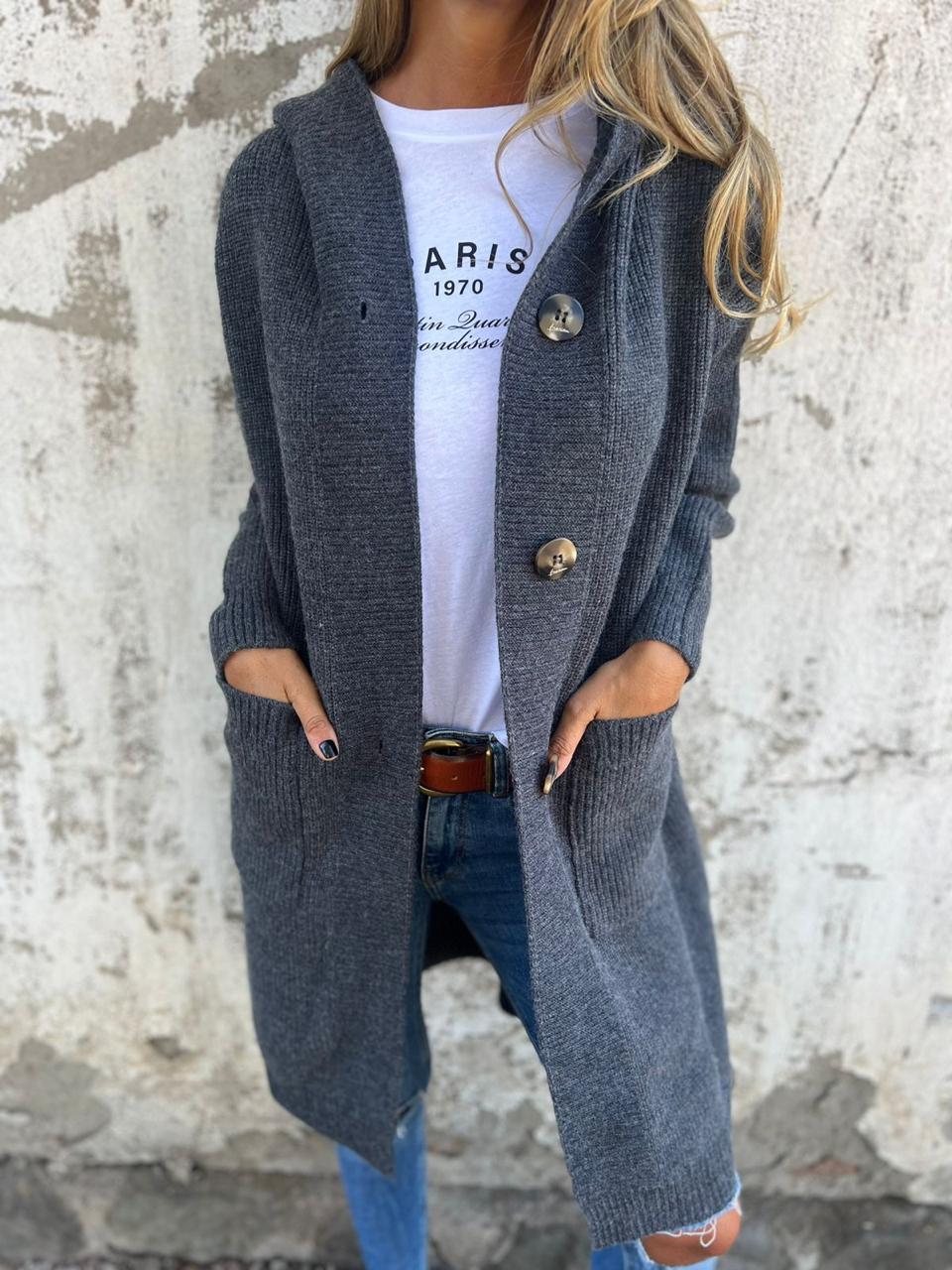 Women's relaxed-fit hooded longline cardigan with button front and patch pockets by Homixa, shown draped over a casual outfit.
