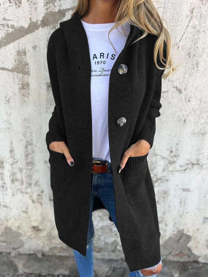Women's relaxed-fit hooded longline cardigan by Homixa with button front and patch pockets, shown in a casual, comfortable style.
