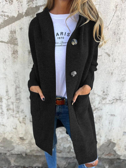 Women's relaxed-fit hooded longline cardigan by Homixa with button front and patch pockets, shown in a casual, comfortable style.