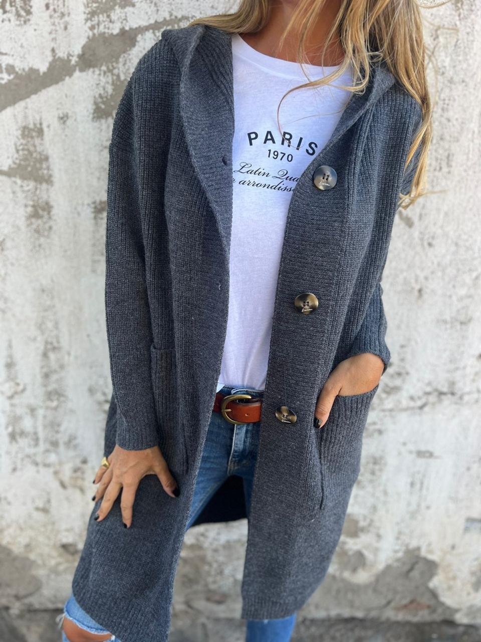 Women's relaxed-fit hooded longline cardigan by Homixa with button front and patch pockets, casual and comfortable layering piece.