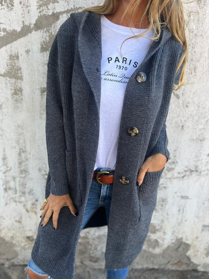 Women's relaxed-fit hooded longline cardigan by Homixa with button front and patch pockets, casual and comfortable layering piece.