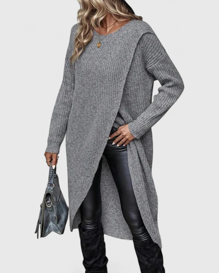 Homixa women's relaxed-fit knit dress with a flattering wraparound silhouette, showcasing a comfortable and stylish design.