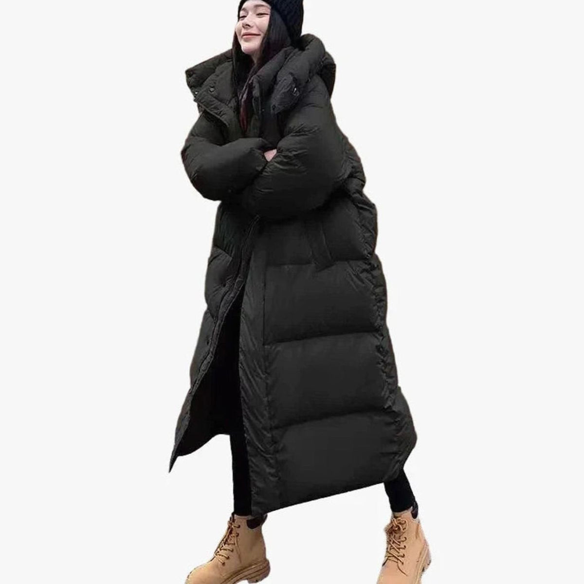 Women's relaxed-fit long puffer coat by Homixa with side pockets and quilted hood, designed for warmth and casual style.