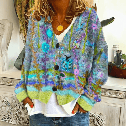 Women's relaxed-fit floral V-neck cardigan with long sleeves and button front by Homixa, featuring a soft, comfortable knit fabric.