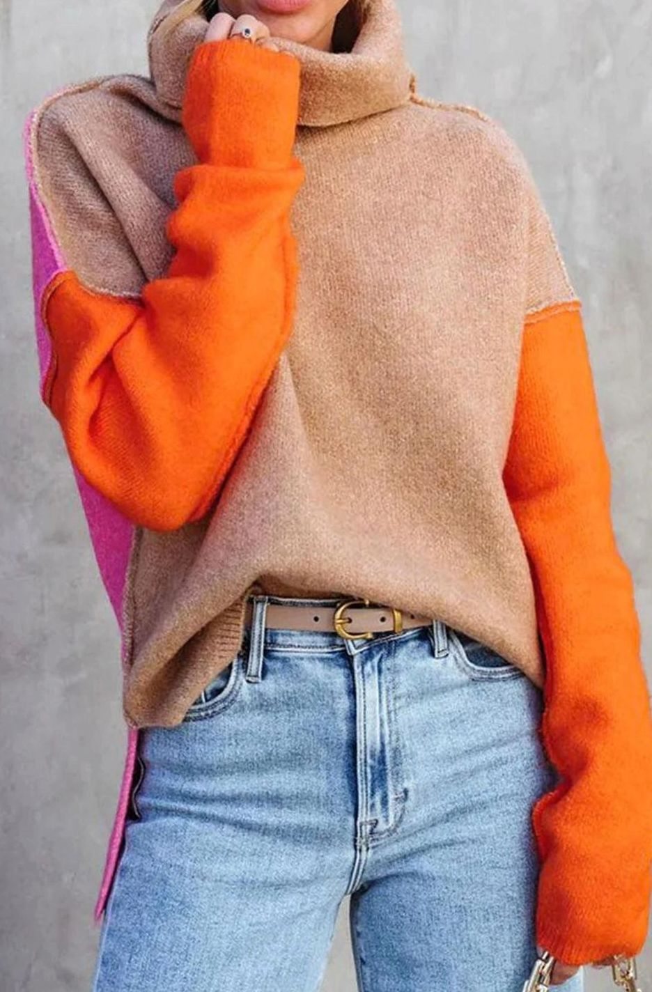 Women's relaxed-fit long-sleeve turtleneck sweater with bold color-block panels, by Homixa.