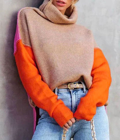 Homixa women's relaxed-fit long-sleeve turtleneck sweater with bold color-block panels, cozy and stylish for cold weather.