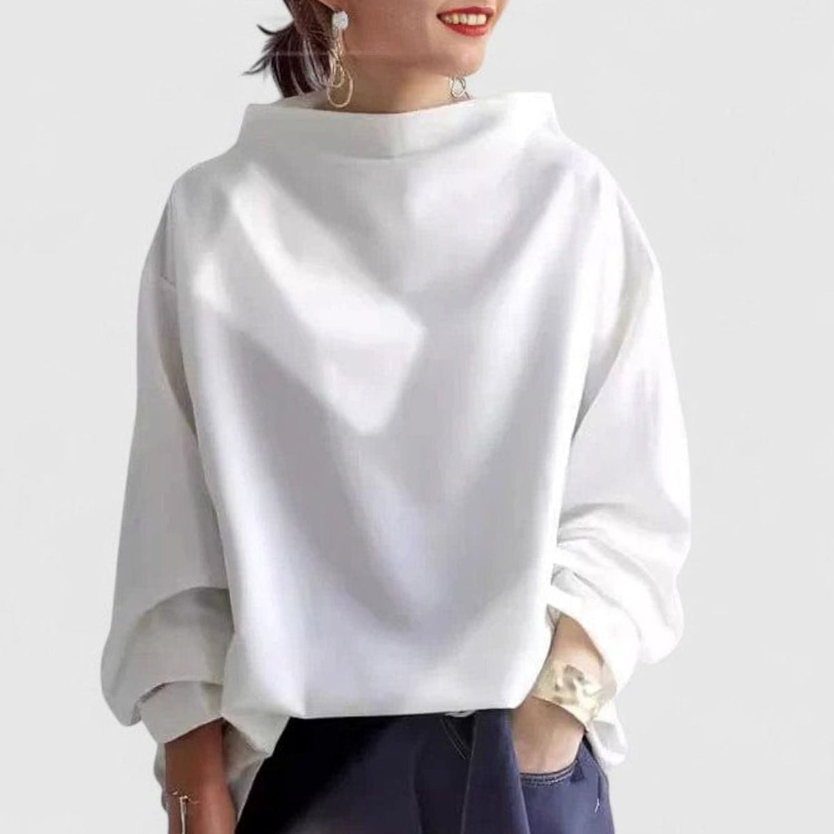 Women's relaxed-fit mock-neck long-sleeve sweatshirt with draped silhouette by Homixa, showcasing soft fabric and stylish fit.