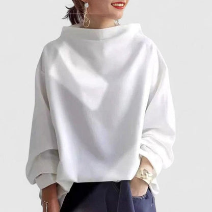 Women's relaxed-fit mock-neck long-sleeve sweatshirt with draped silhouette by Homixa, showcasing soft fabric and stylish fit.