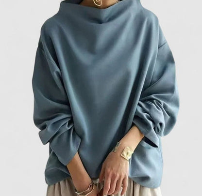 Women's relaxed-fit mock-neck long-sleeve sweatshirt with draped silhouette by Homixa, casual and comfortable for everyday wear.