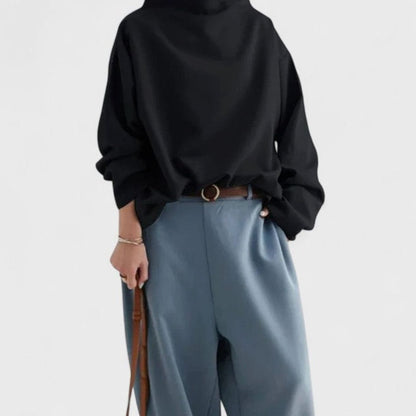 Women's relaxed-fit mock-neck long-sleeve sweatshirt by Homixa with a draped silhouette, comfortable and stylish casual wear.