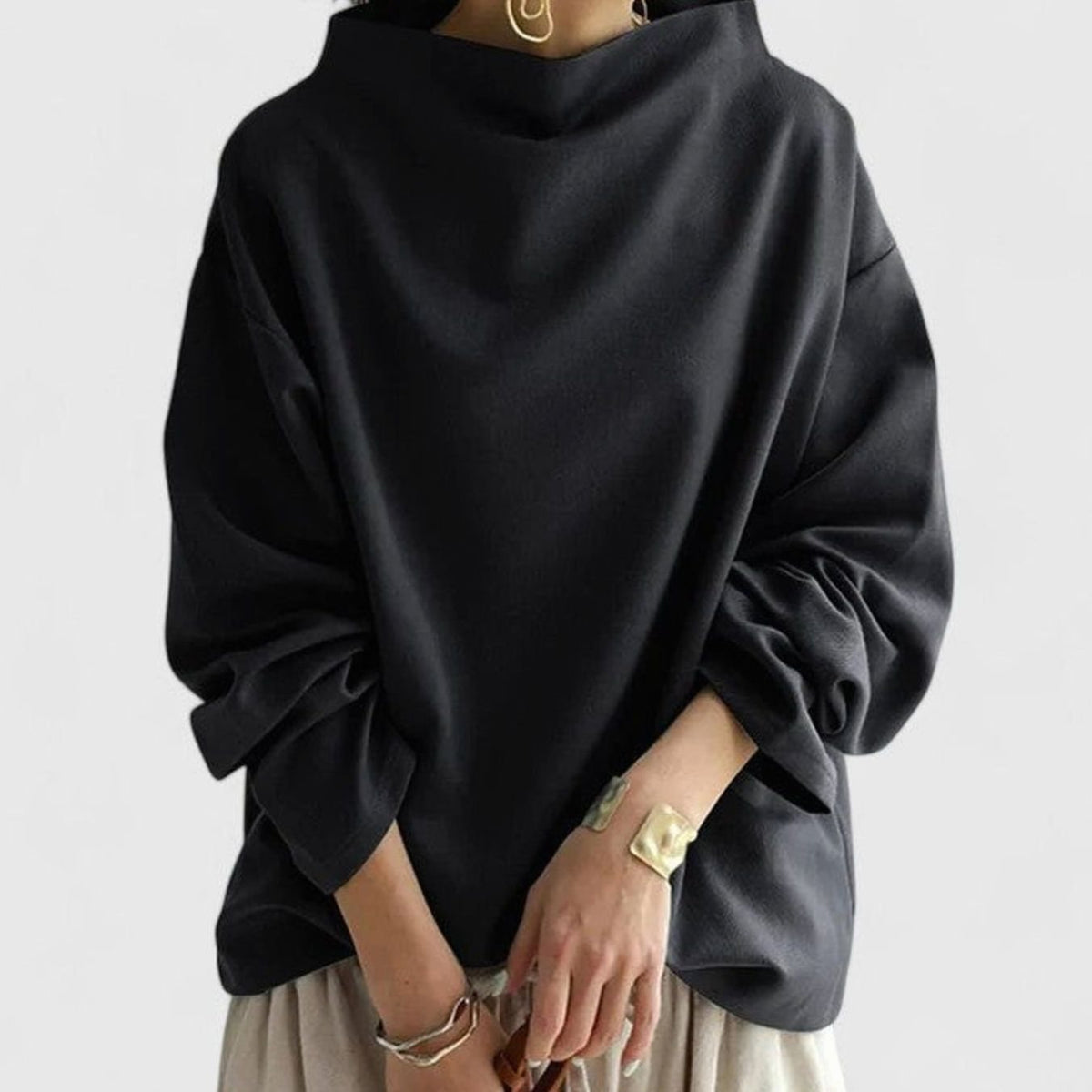Women's relaxed-fit mock-neck long-sleeve sweatshirt with draped silhouette by Homixa, showcasing soft fabric and stylish casual design.