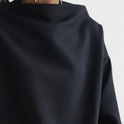 Women's relaxed-fit mock-neck long-sleeve sweatshirt with draped silhouette by Homixa, showcasing soft fabric and stylish design.
