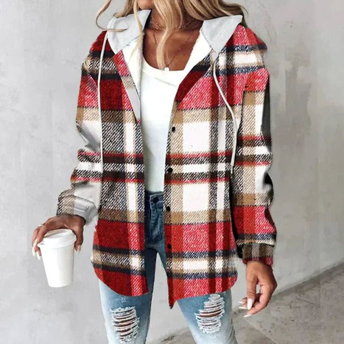 Women’s relaxed-fit plaid hooded winter shacket with snap-button front by Homixa, featuring a cozy hood and stylish plaid pattern.