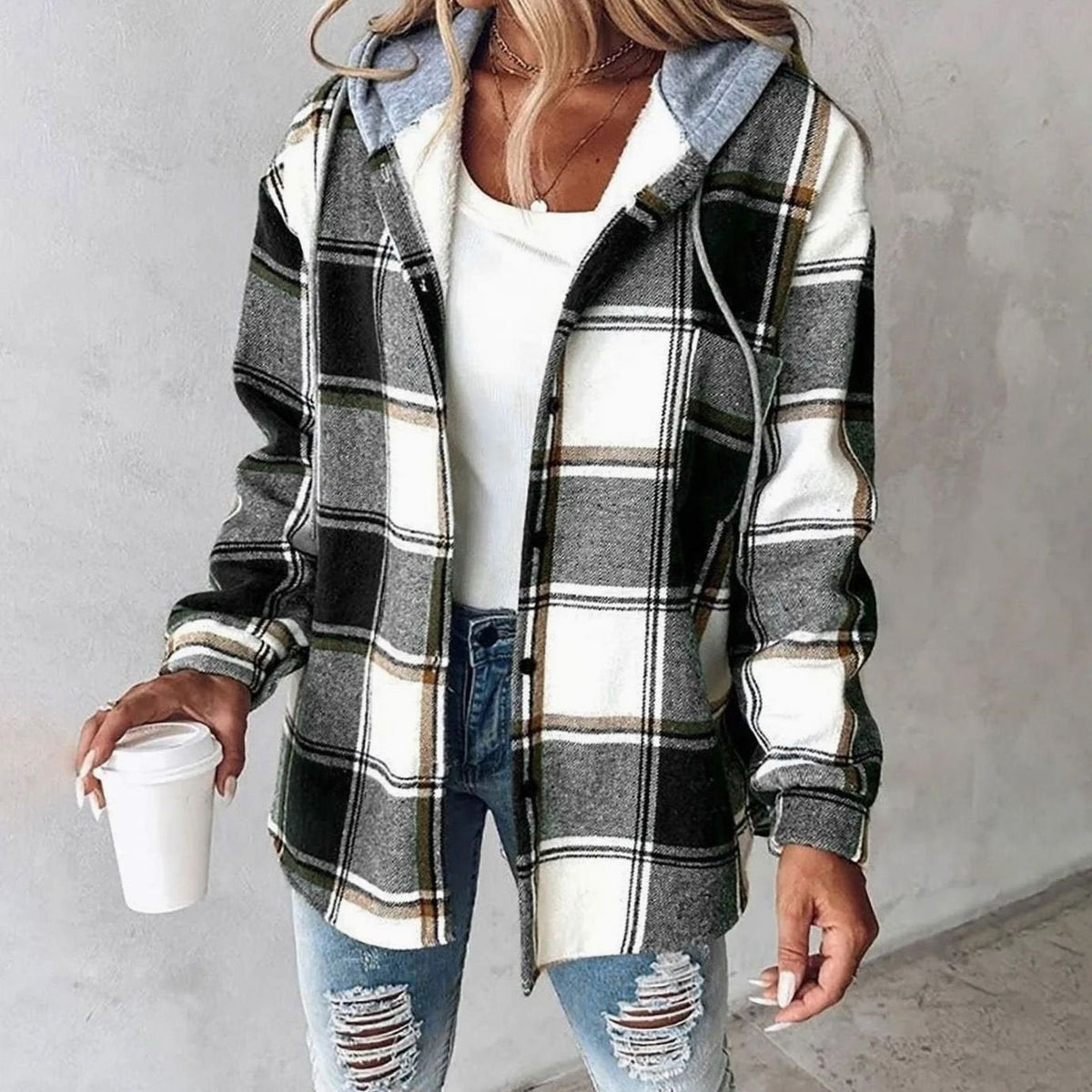 Women’s relaxed-fit plaid winter shacket with hood, snap buttons, from Homixa, featuring a cozy, stylish winter jacket with plaid pattern.