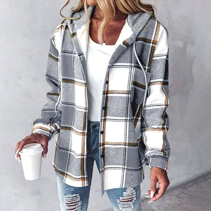 Women's relaxed-fit plaid hooded winter shacket with snap-button front, stylish and cozy Homixa plaid hooded jacket.