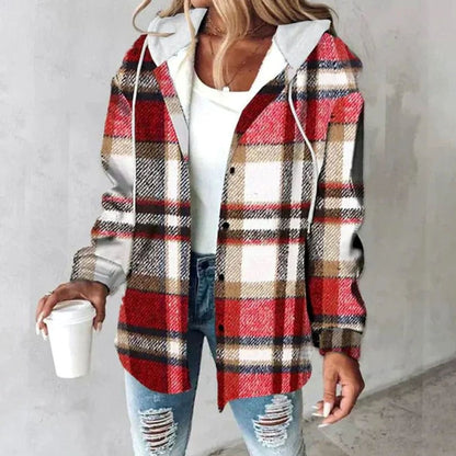 Women's relaxed-fit plaid winter jacket with adjustable drawstring hood, Homixa plaid hoodie jacket for cold weather.