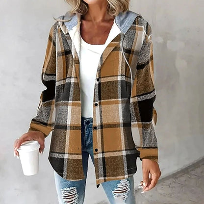 Women's relaxed-fit plaid winter jacket with adjustable drawstring hood, Homixa plaid hoodie jacket, cozy and stylish outdoor wear.