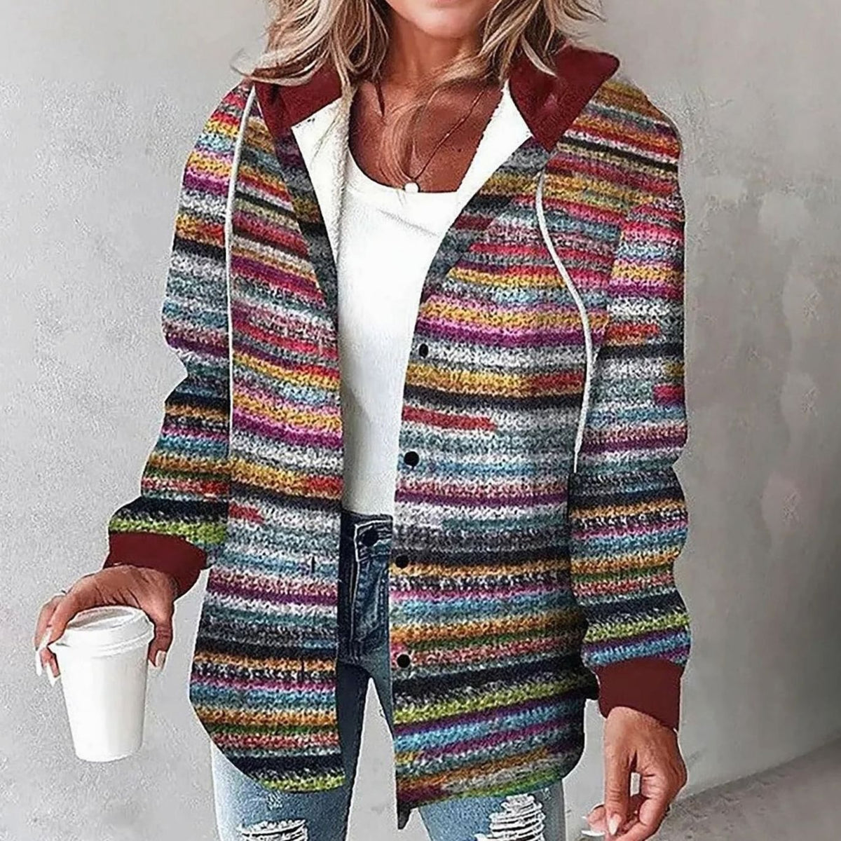 Women's relaxed-fit plaid winter jacket with adjustable drawstring hood by Homixa, featuring a stylish plaid pattern and cozy design.