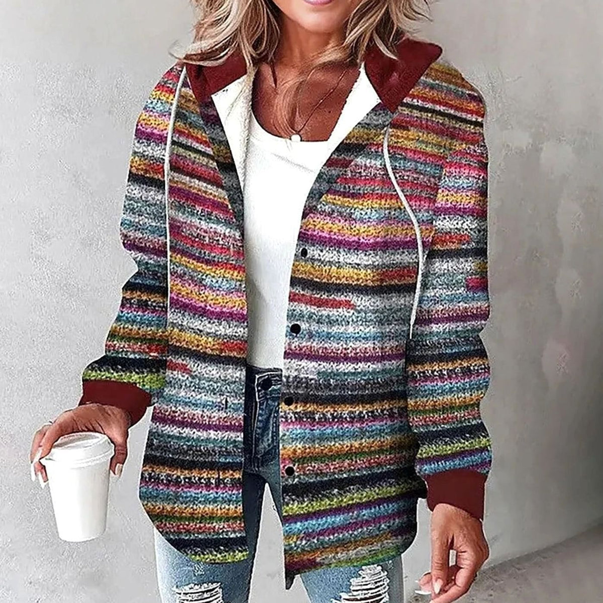 Women's relaxed-fit plaid winter jacket with adjustable drawstring hood by Homixa, featuring a cozy, stylish plaid design.