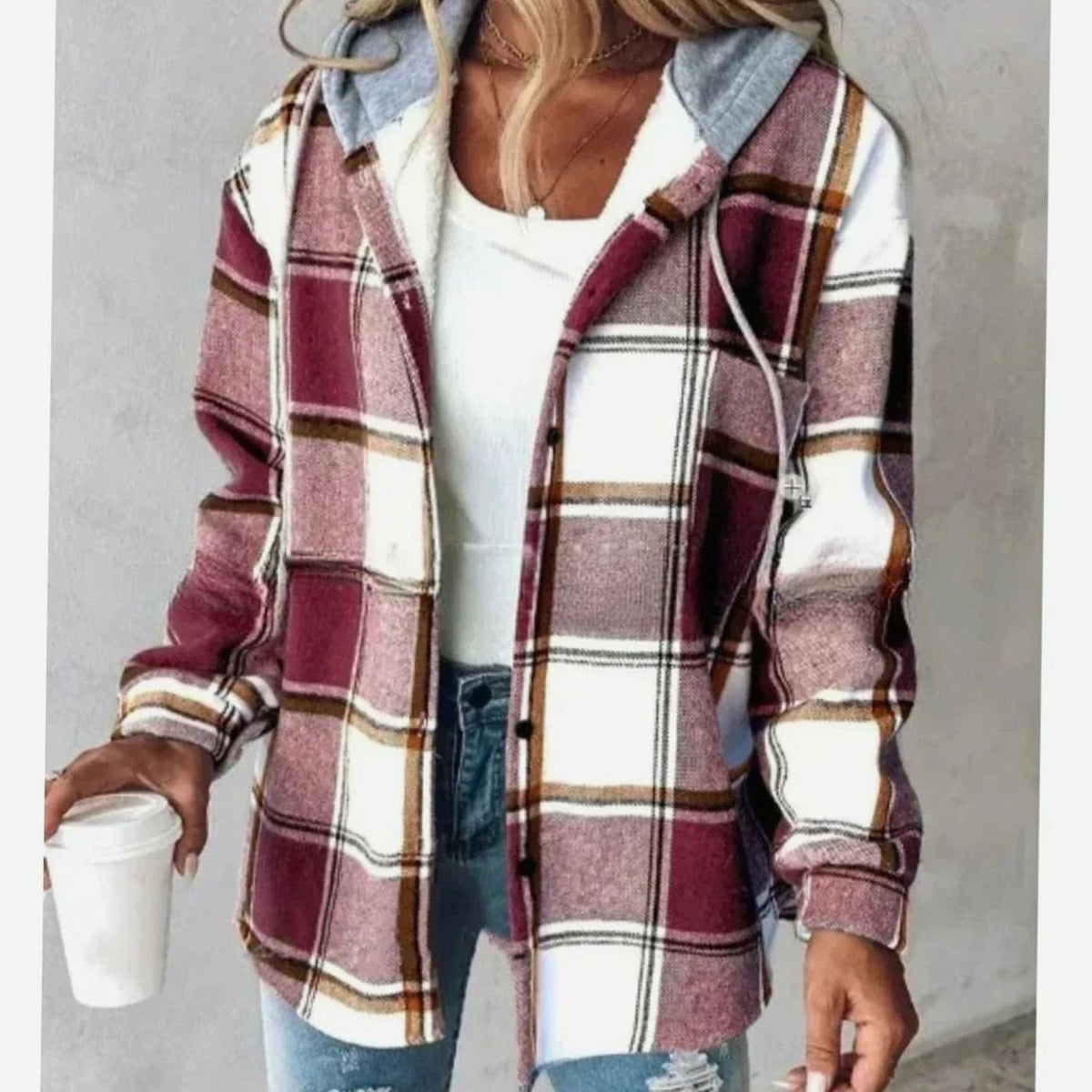 Women’s relaxed-fit plaid winter jacket with adjustable drawstring hood by Homixa, featuring a cozy hood and stylish plaid pattern.