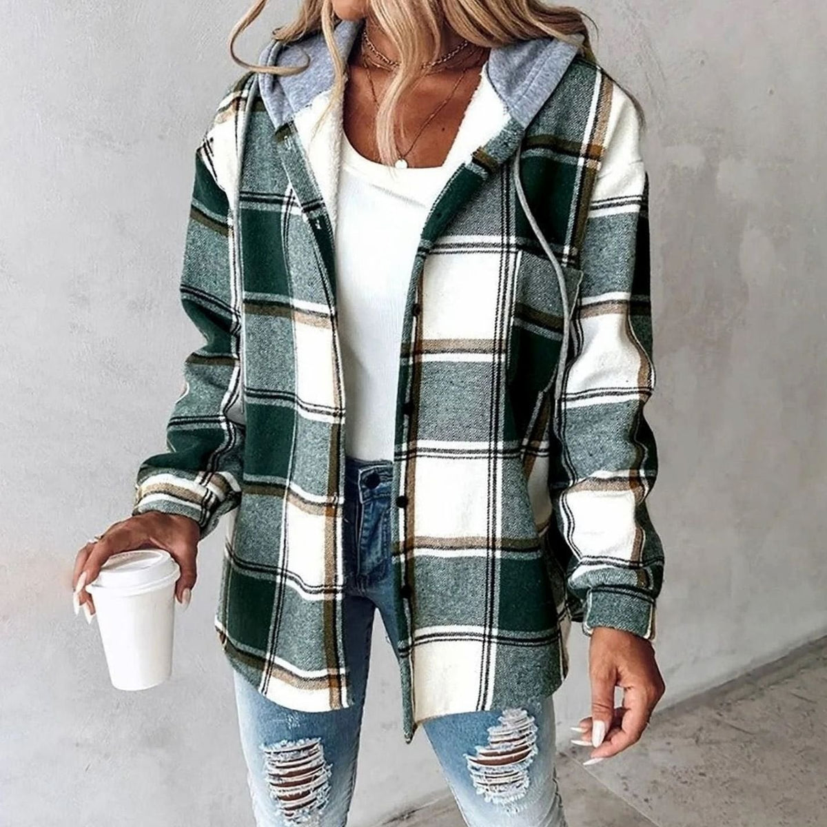 Women's relaxed-fit plaid winter jacket with adjustable drawstring hood by Homixa, featuring a cozy, stylish plaid design.