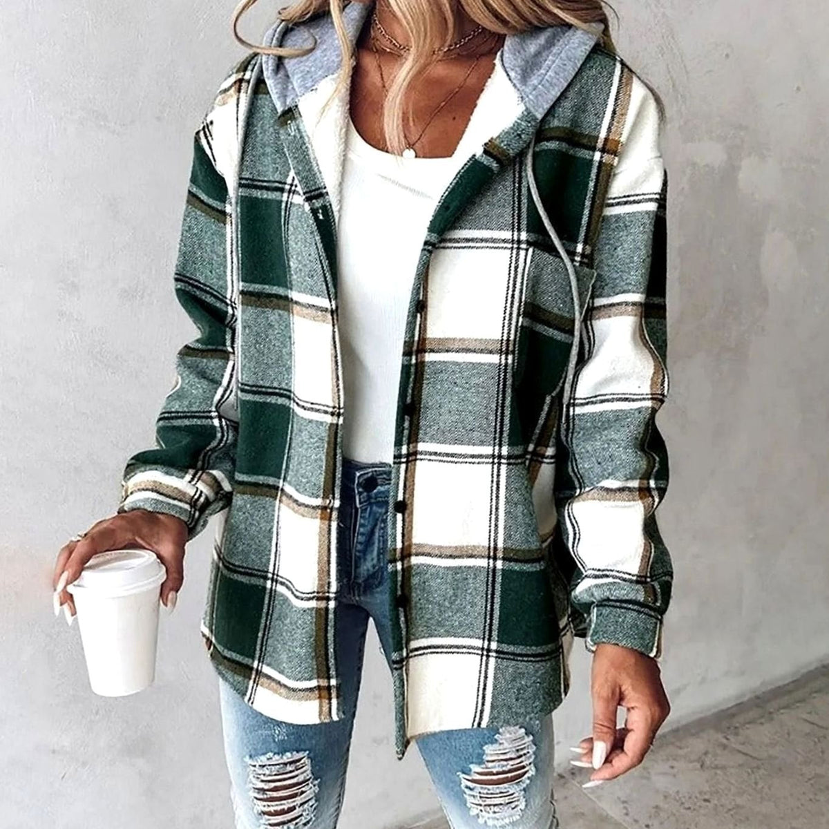 Women's relaxed-fit plaid winter jacket with adjustable drawstring hood, Homixa plaid hoodie jacket, stylish and cozy outerwear.