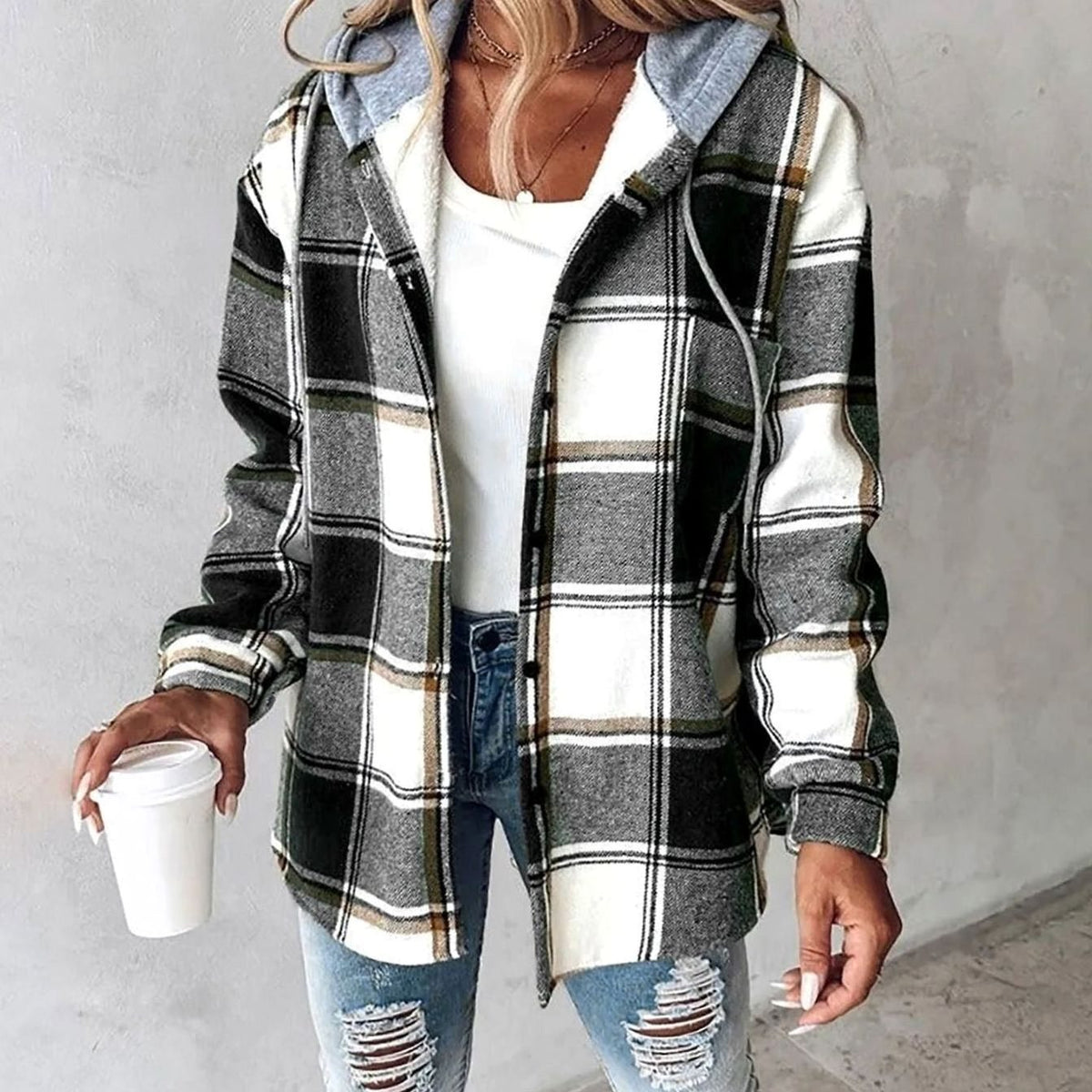 Women's relaxed-fit plaid winter jacket with adjustable drawstring hood, stylish Homixa plaid hoodie jacket for cold weather.