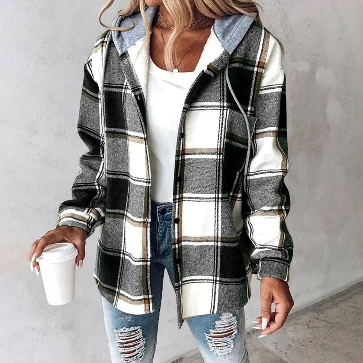 Women’s relaxed-fit plaid winter jacket with adjustable drawstring hood by Homixa, featuring a cozy, stylish winter hoodie jacket design.