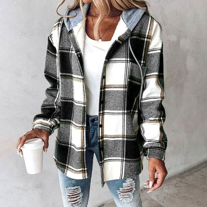 Women’s relaxed-fit plaid winter jacket with adjustable drawstring hood by Homixa, featuring a cozy, stylish winter hoodie jacket design.
