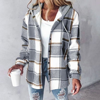Women's relaxed-fit plaid winter jacket with adjustable drawstring hood, Homixa plaid hoodie jacket, cozy and stylish for winter wear.
